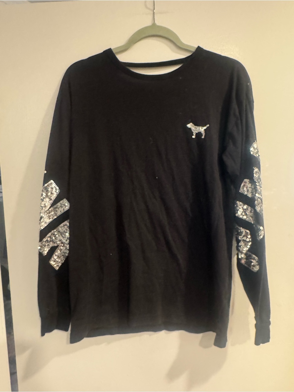 Victoria’s Secret PINK Black Long Sleeve Tee Sequin Dog Logo XS
